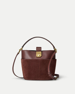 Small Crest Lock Suede Bucket Bag