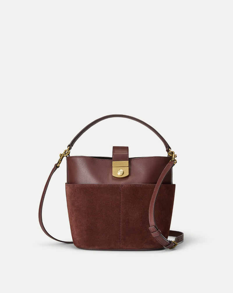 Small Crest Lock Suede Bucket Bag