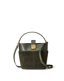 Small Crest Lock Suede Bucket Bag