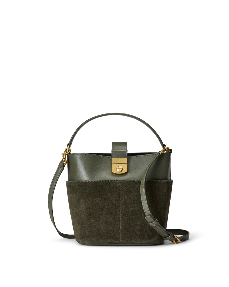 Small Crest Lock Suede Bucket Bag